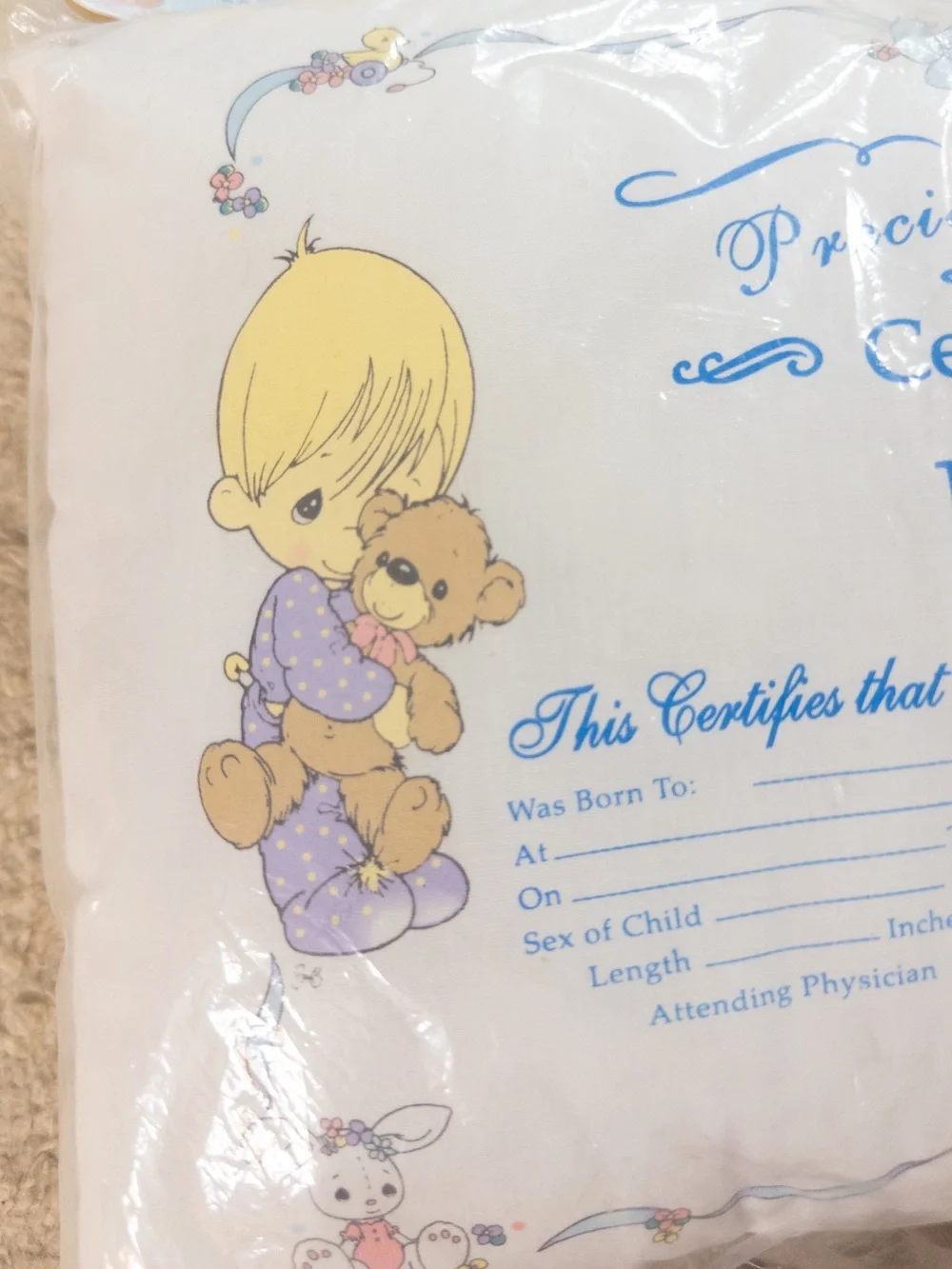 Vintage 90s Precious Moments Certificate of Birth Baby Pillow NWT